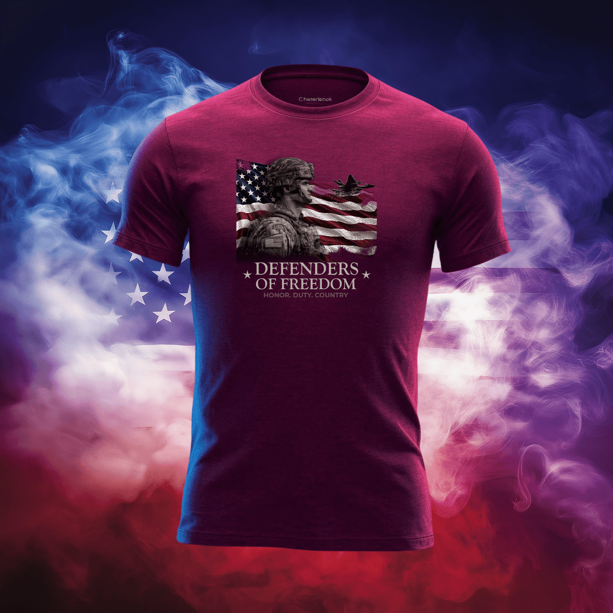 Defenders of Freedom T-Shirt featuring patriotic design with American flag and eagle, perfect for celebrating American pride.