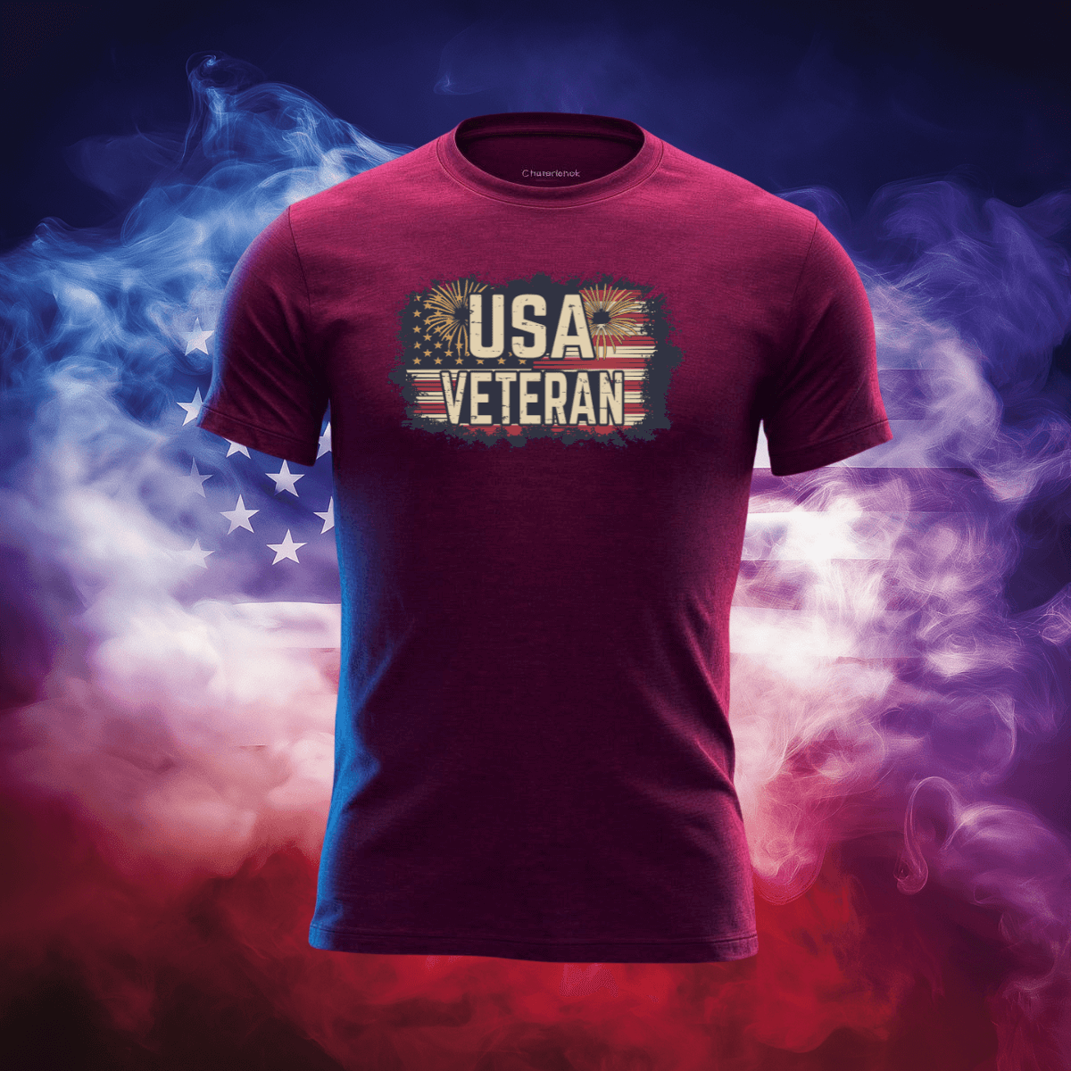 USA Veteran Flag T-Shirt displayed against a patriotic background with red, white, and blue elements.