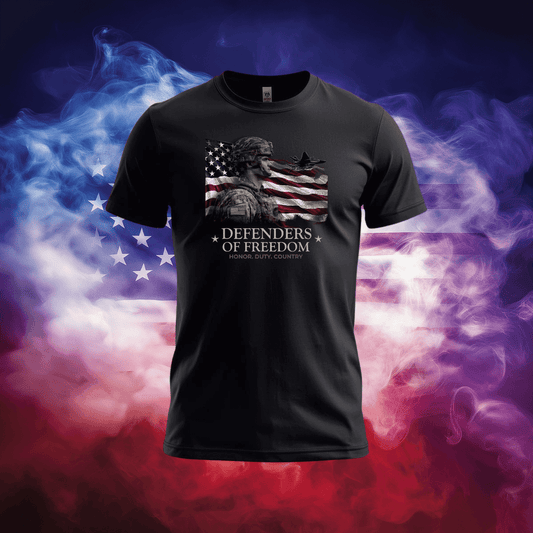 Defenders of Freedom T-Shirt featuring patriotic design with American flag and symbolic imagery.
