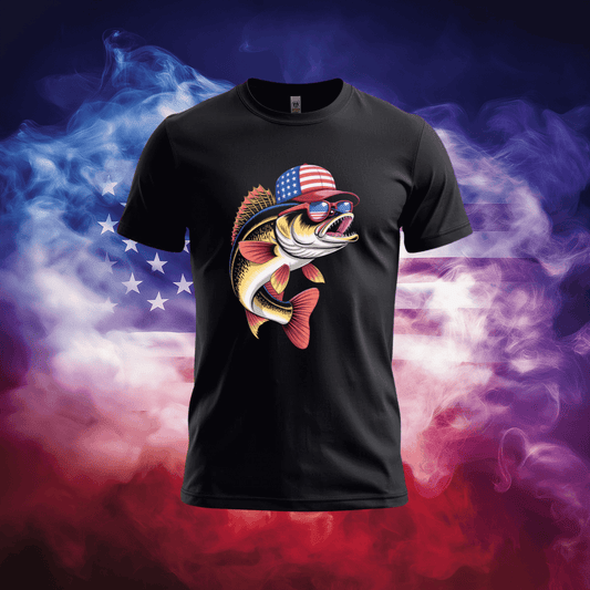 American Walleye T-Shirt featuring a patriotic fish design on a black background.
