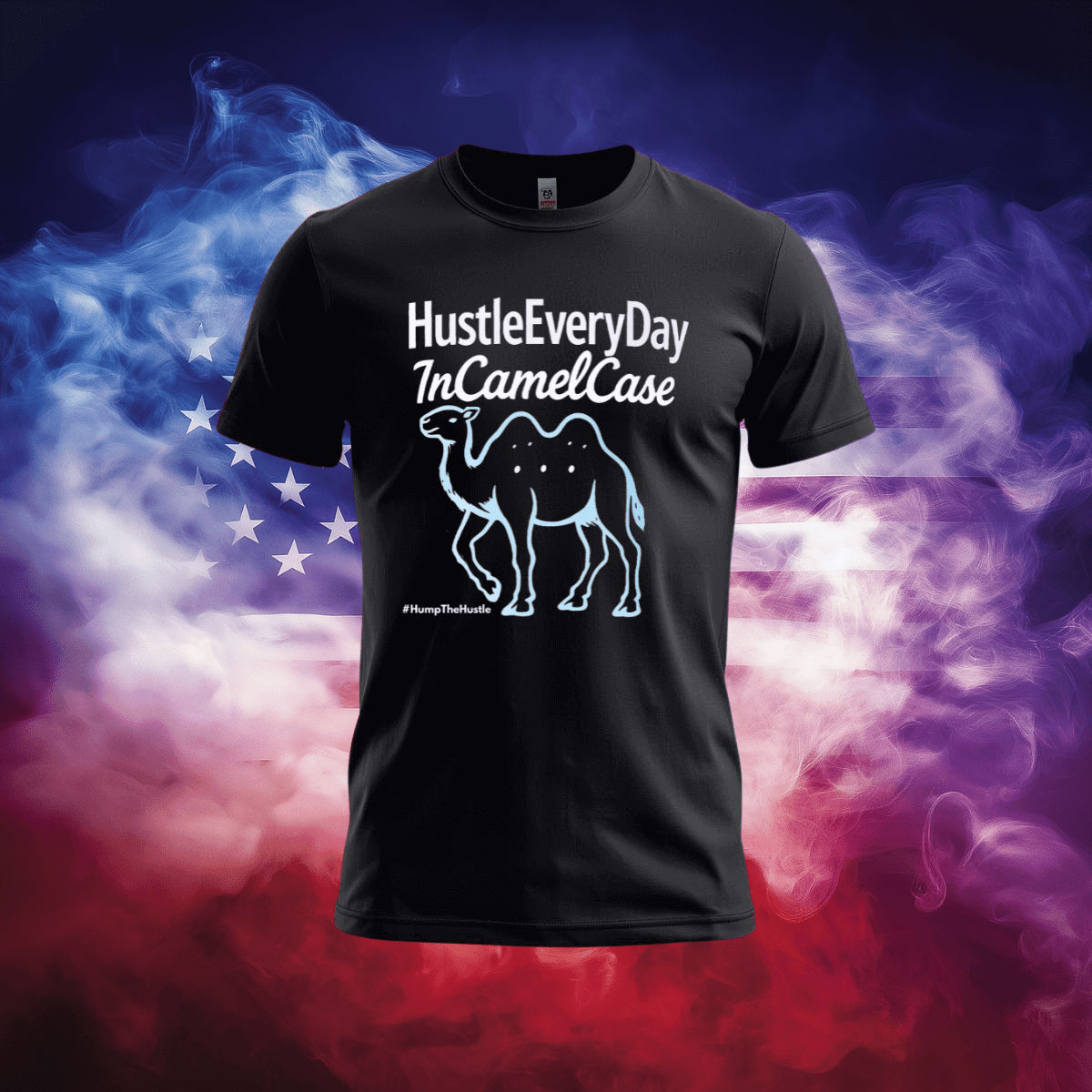 HumpTheHustle T-Shirt featuring a camel design on a black background with patriotic colors.