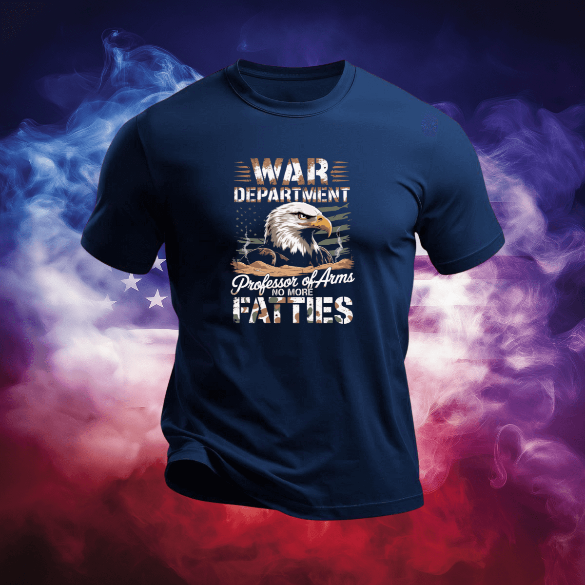 War Department T-Shirt featuring eagle design and patriotic colors against an American flag background.