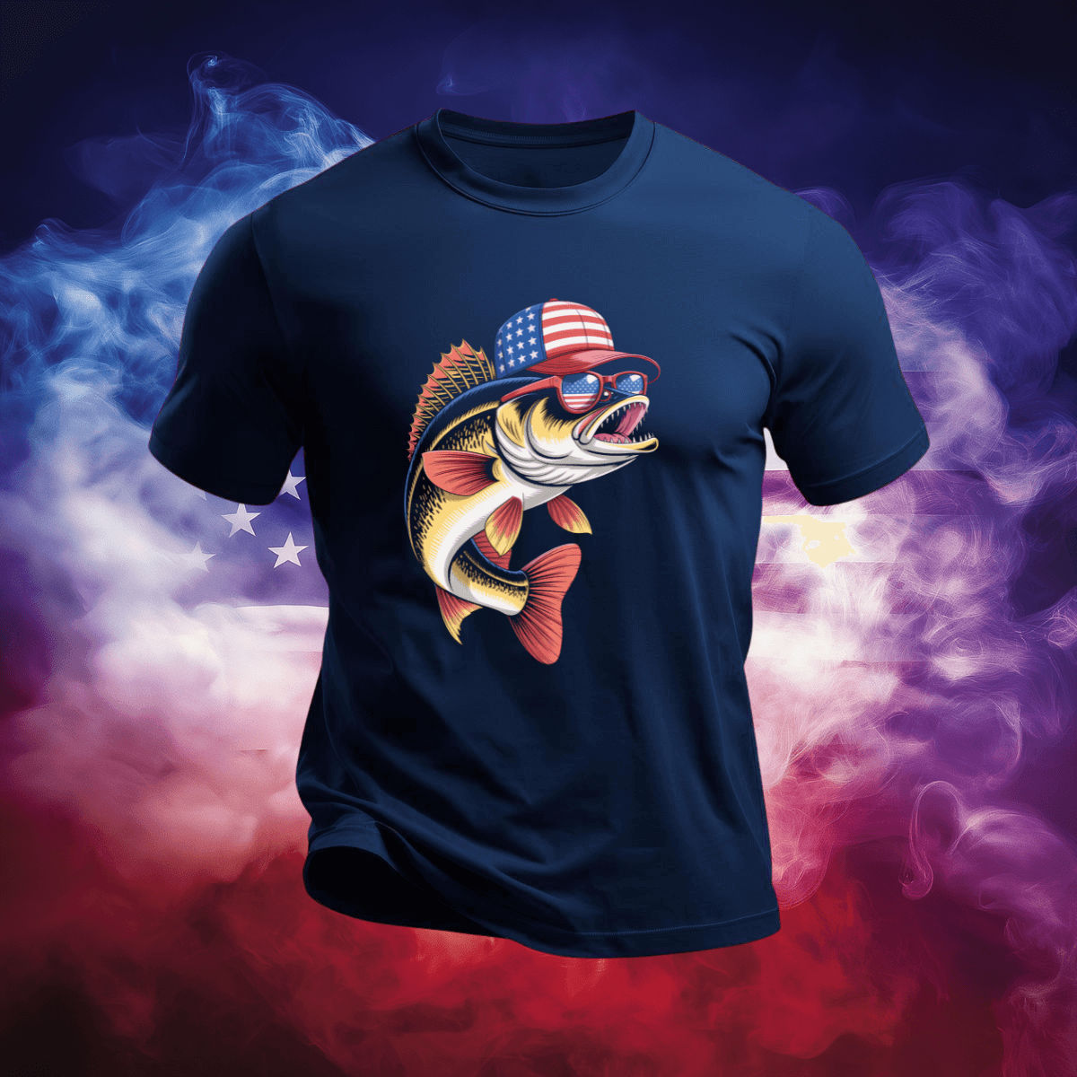 American Walleye T-Shirt featuring a patriotic fish design with an American flag hat and sunglasses.
