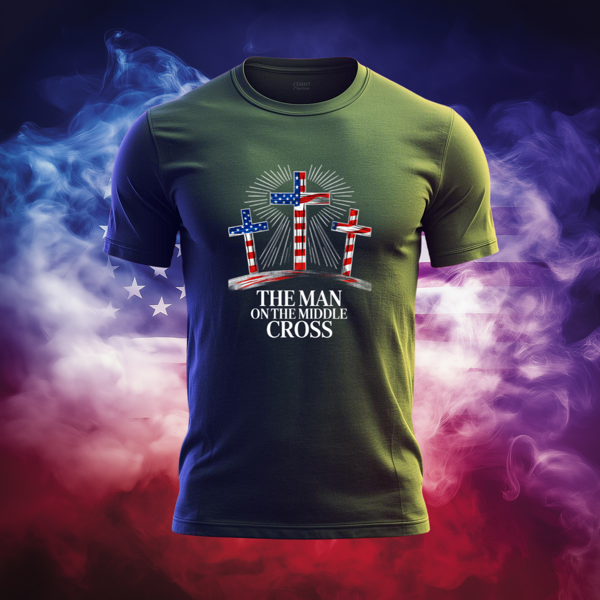 The Man on the Middle Cross Patriotic T-Shirt - Jesus Crucifixion American Flag Crosses Tee