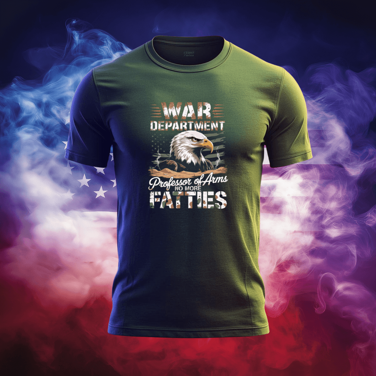 War Department T-Shirt featuring an eagle design on a green background with a patriotic theme.