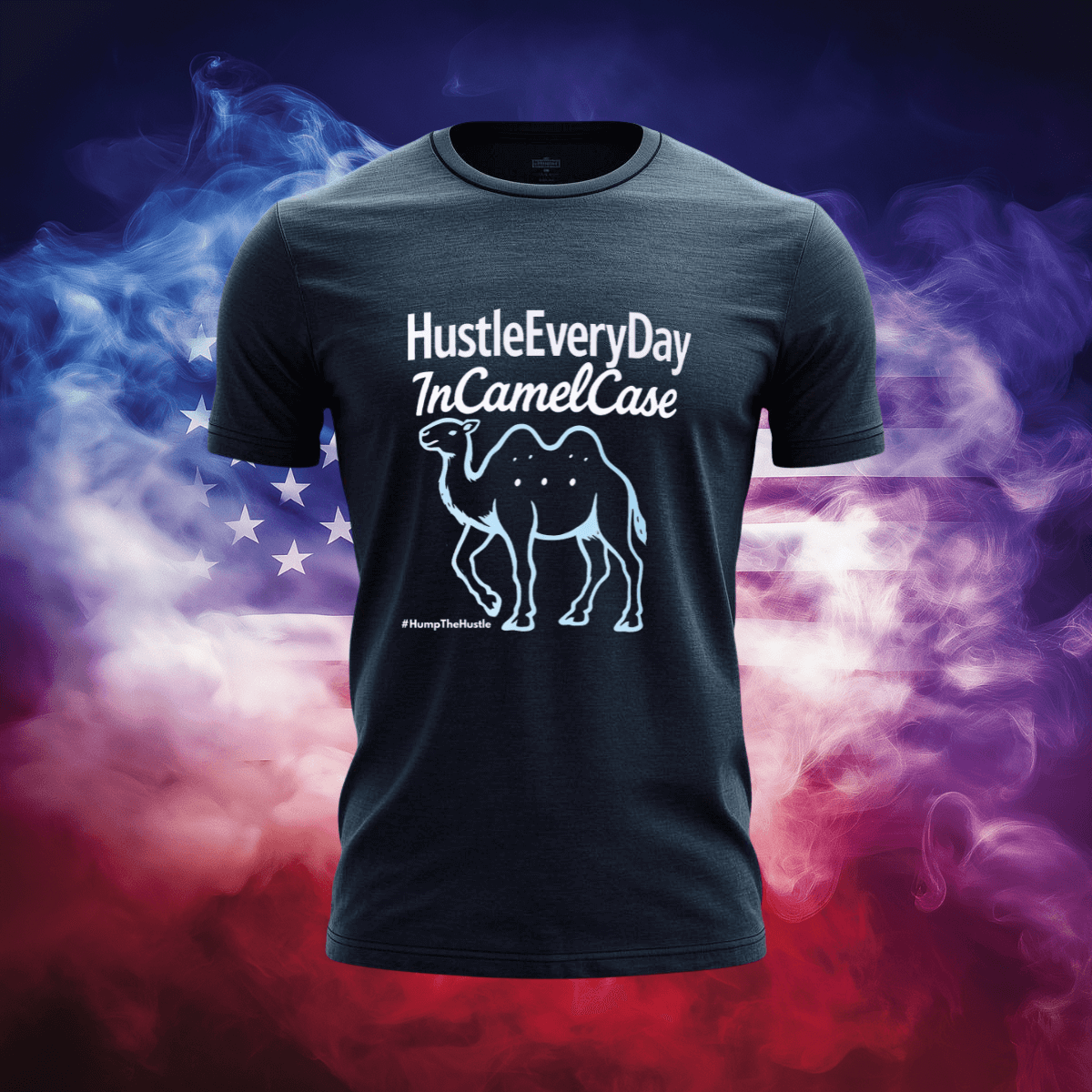HumpTheHustle T-Shirt featuring a camel design against a vibrant American flag background.
