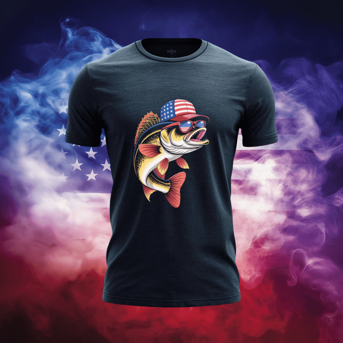 American Walleye T-Shirt featuring a patriotic fish design with sunglasses against a flag backdrop.
