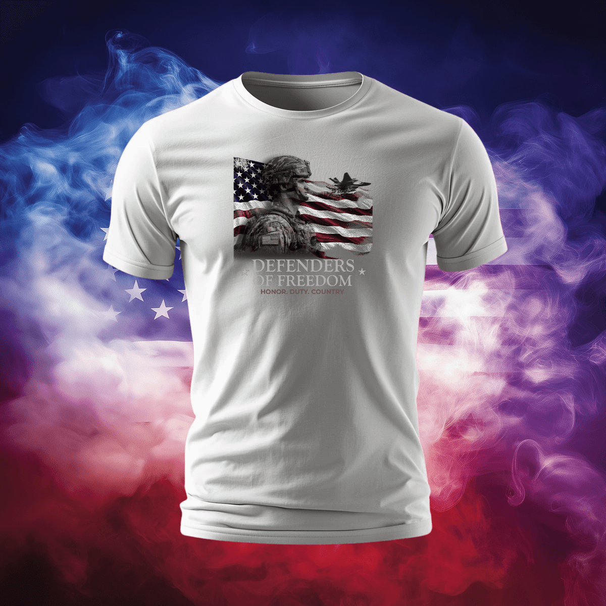 Defenders of Freedom T-Shirt featuring a patriotic design with an eagle and American flag background.