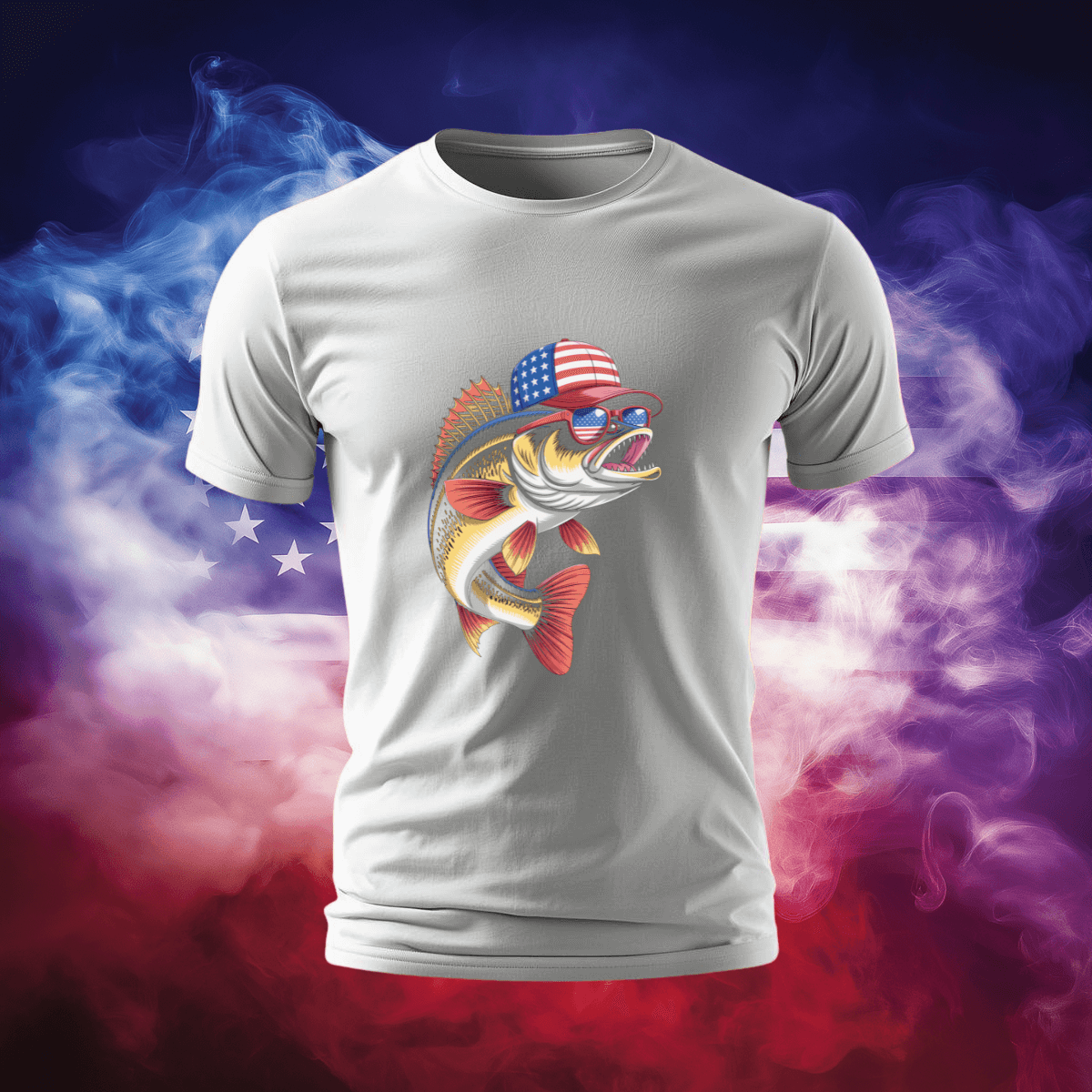 American Walleye T-Shirt featuring a patriotic design with a fish and American flag.
