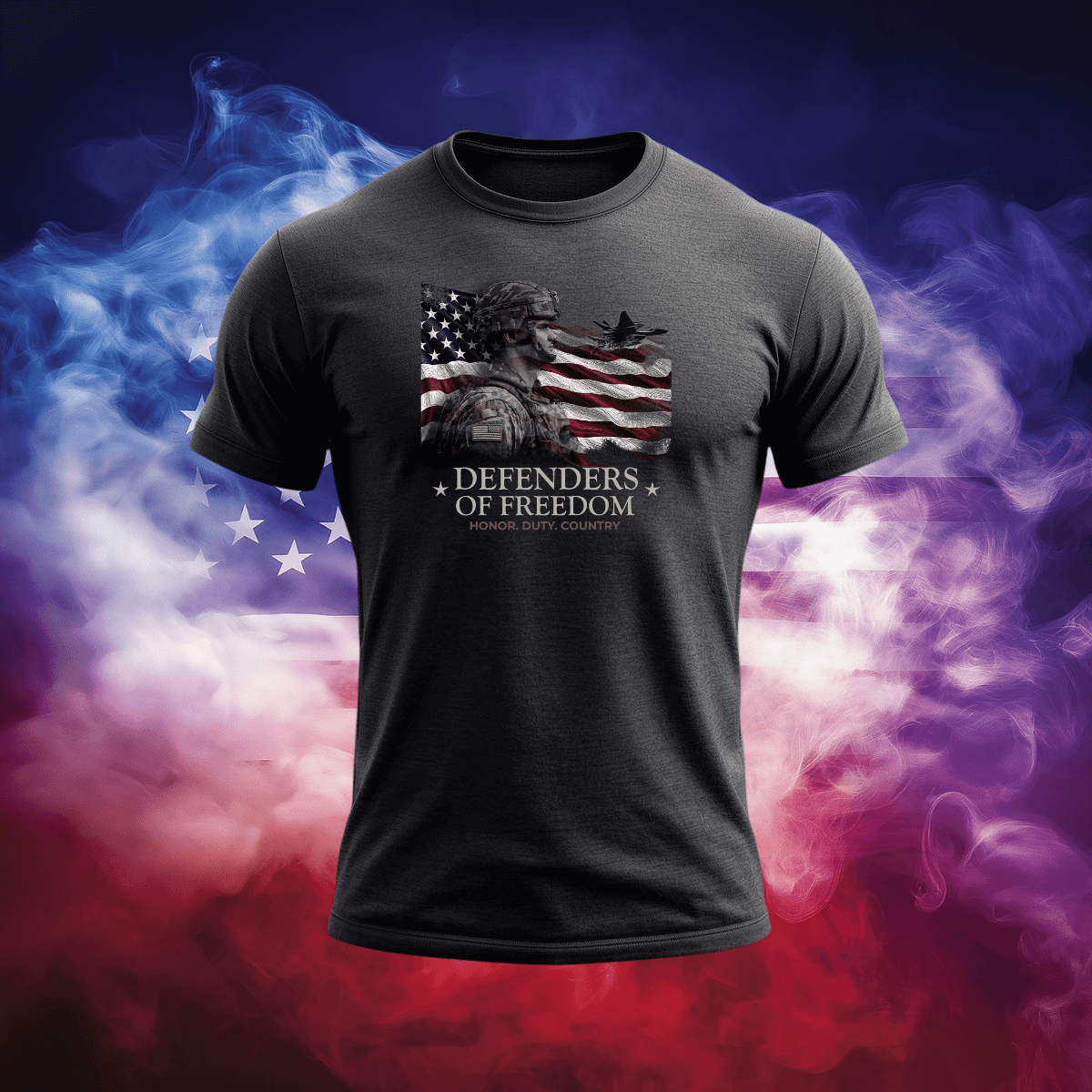 Defenders of Freedom T-Shirt featuring American flag design, symbolizing patriotism and American pride.