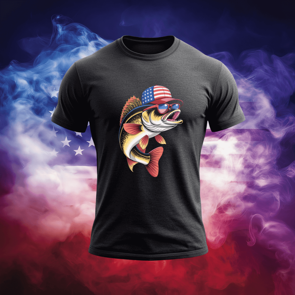 American Walleye T-Shirt featuring a patriotic fish design with sunglasses and an American flag hat.
