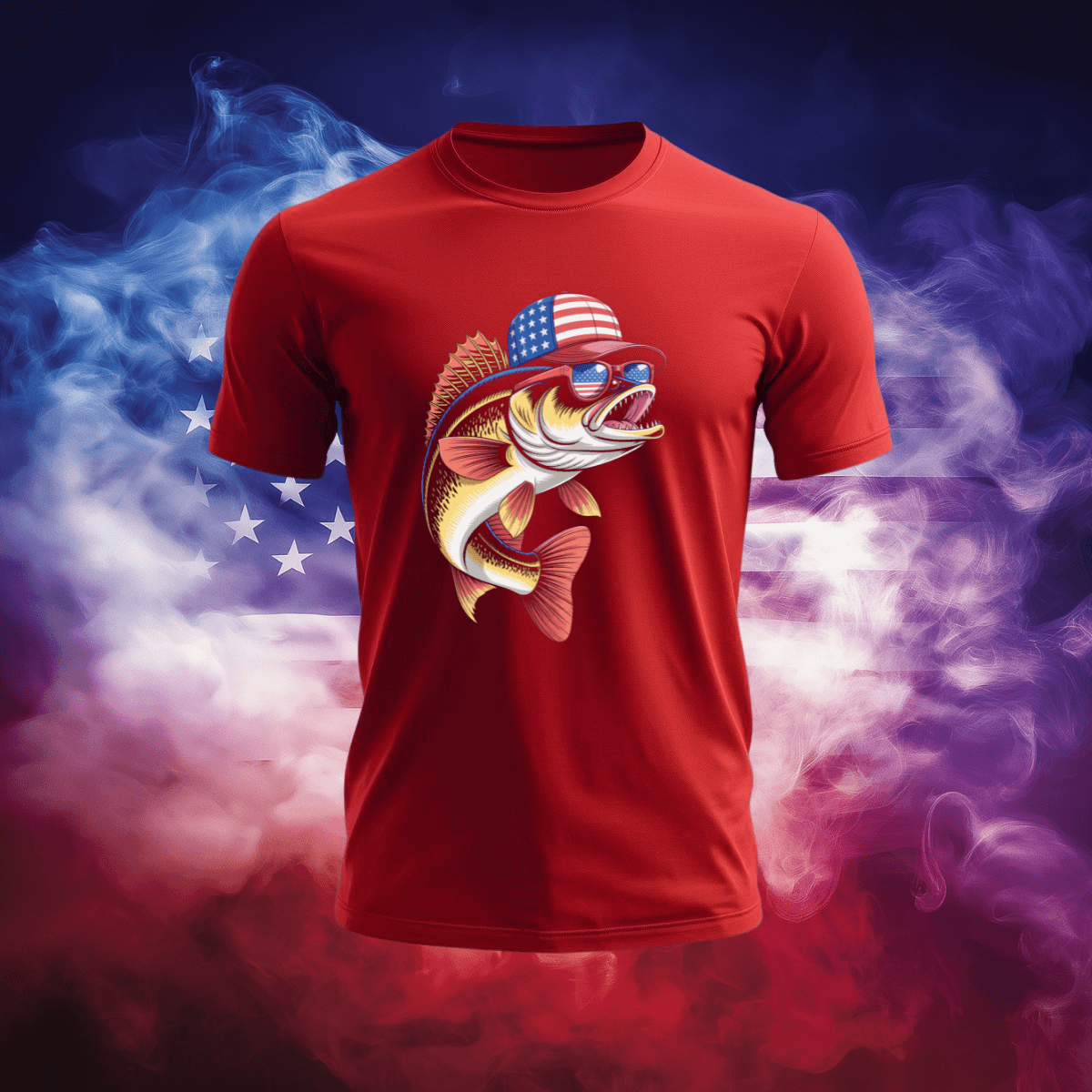 American Walleye T-Shirt featuring a patriotic fish design on a red shirt against a smoky background.