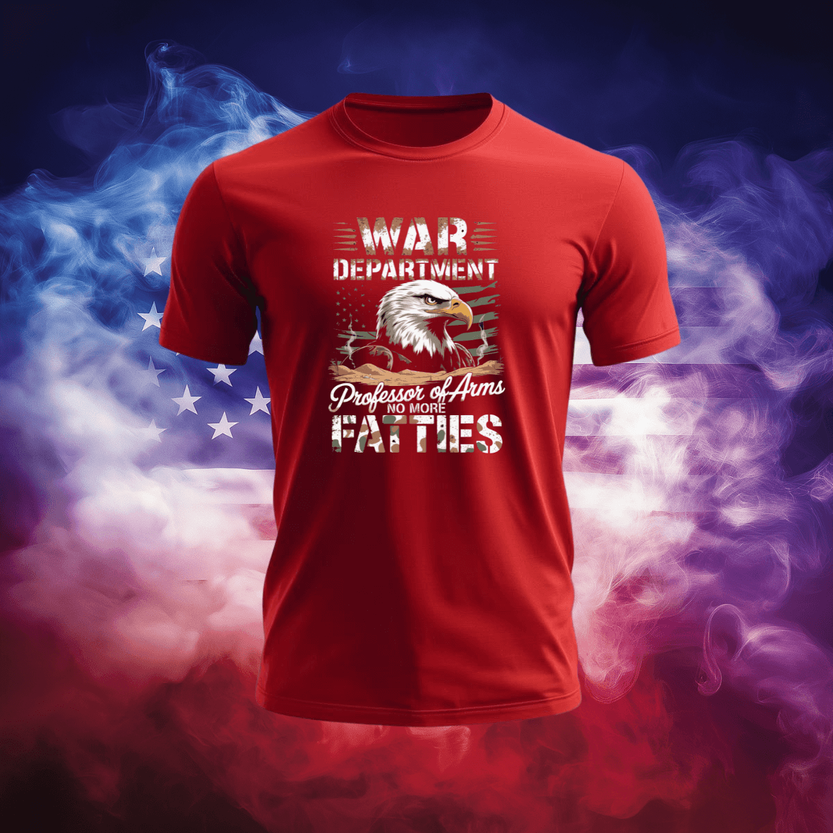 War Department T-Shirt featuring an eagle design on a red background, celebrating American pride and patriotism.
