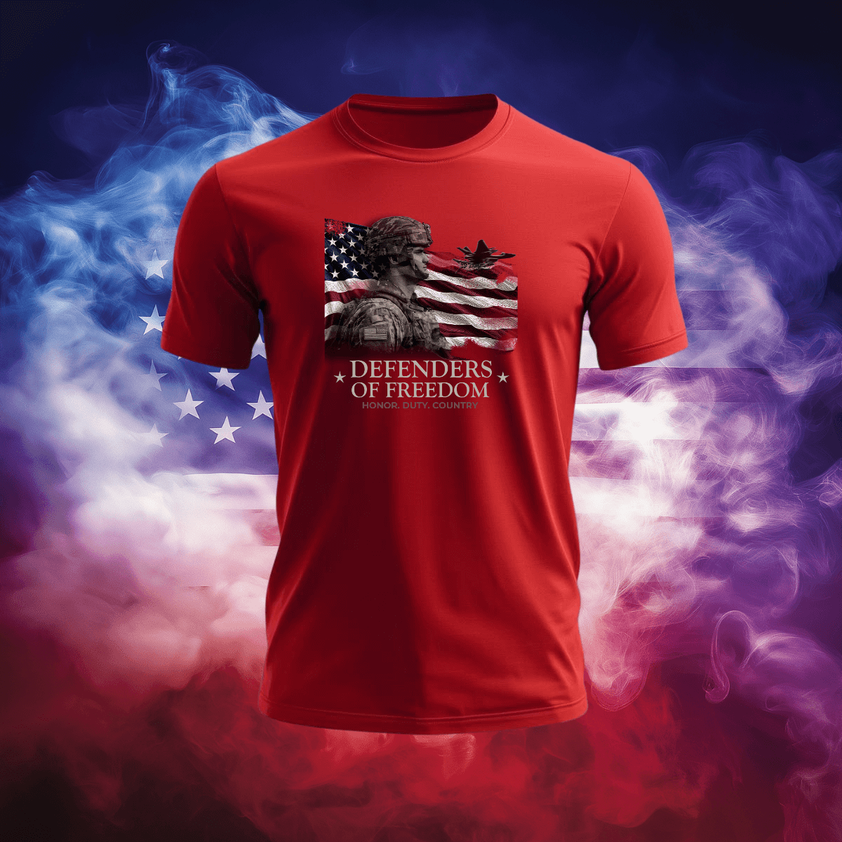 Defenders of Freedom T-Shirt featuring a patriotic design with a soldier and American flag.