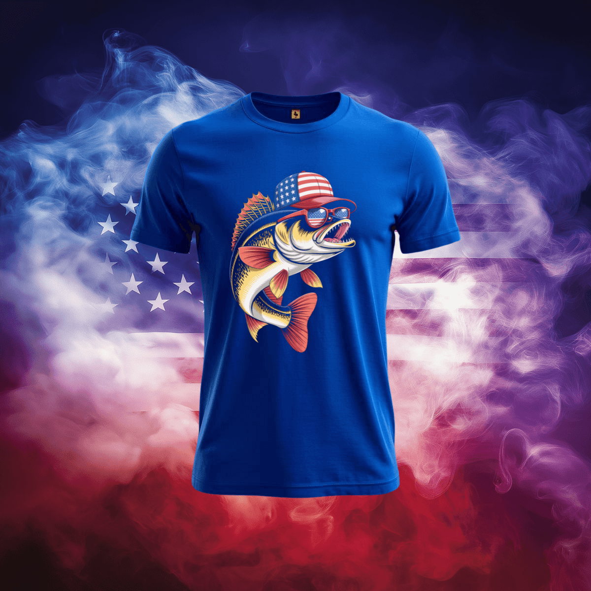 American Walleye T-Shirt featuring a patriotic design with vibrant colors and a fish wearing sunglasses.