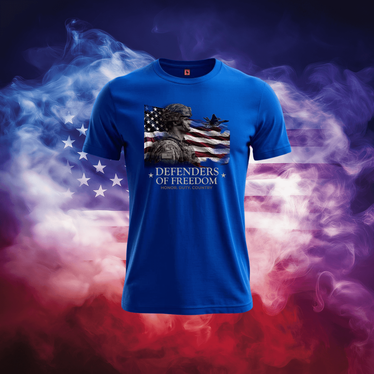 Defenders of Freedom T-Shirt featuring a patriotic design with an American flag background.