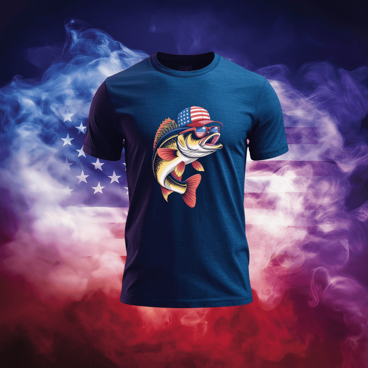American Walleye T-Shirt featuring a patriotic bass design on a textured background.
