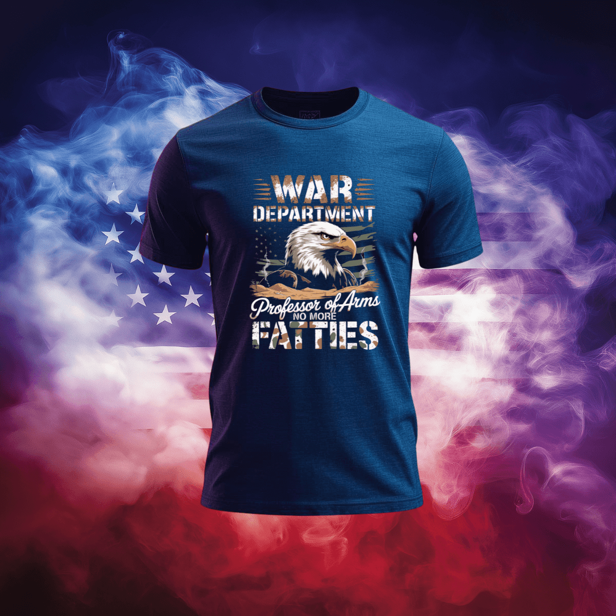 War Department T-Shirt featuring eagle graphic with American flag background, celebrating patriotic style.