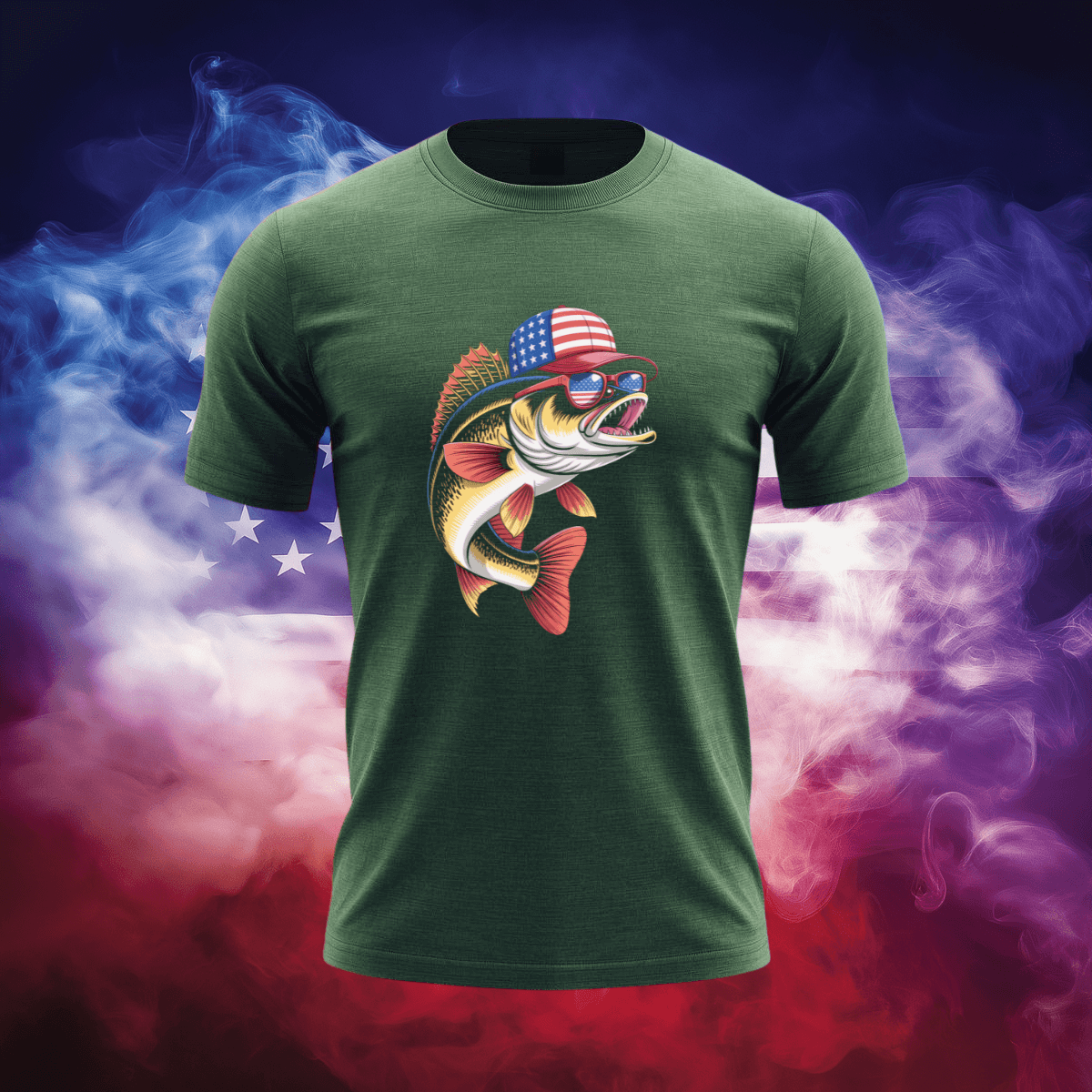 American Walleye T-Shirt featuring a patriotic fish design on a green shirt with red, white, and blue background.