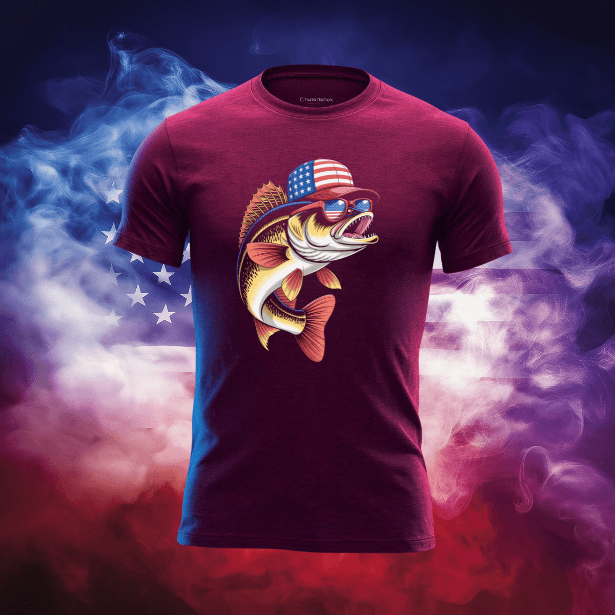 American Walleye T-Shirt featuring a patriotic fish design against a backdrop of American flag colors.