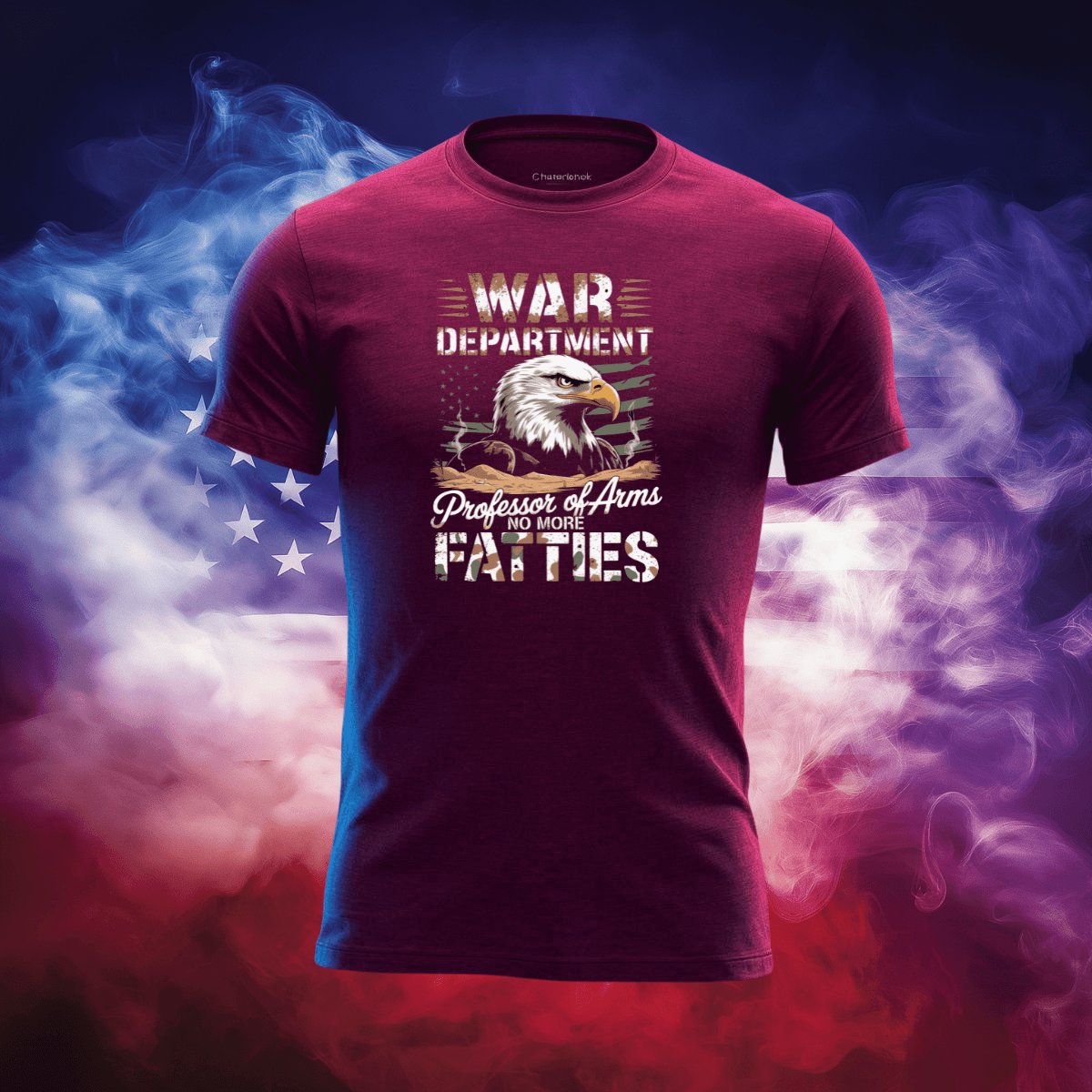 War Department T-Shirt featuring an eagle on a maroon shirt, celebrating patriotic pride.