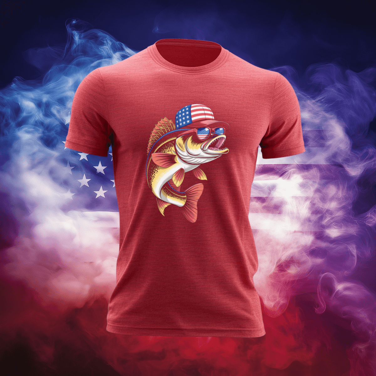 American Walleye T-Shirt featuring a patriotic fish design on a red background.