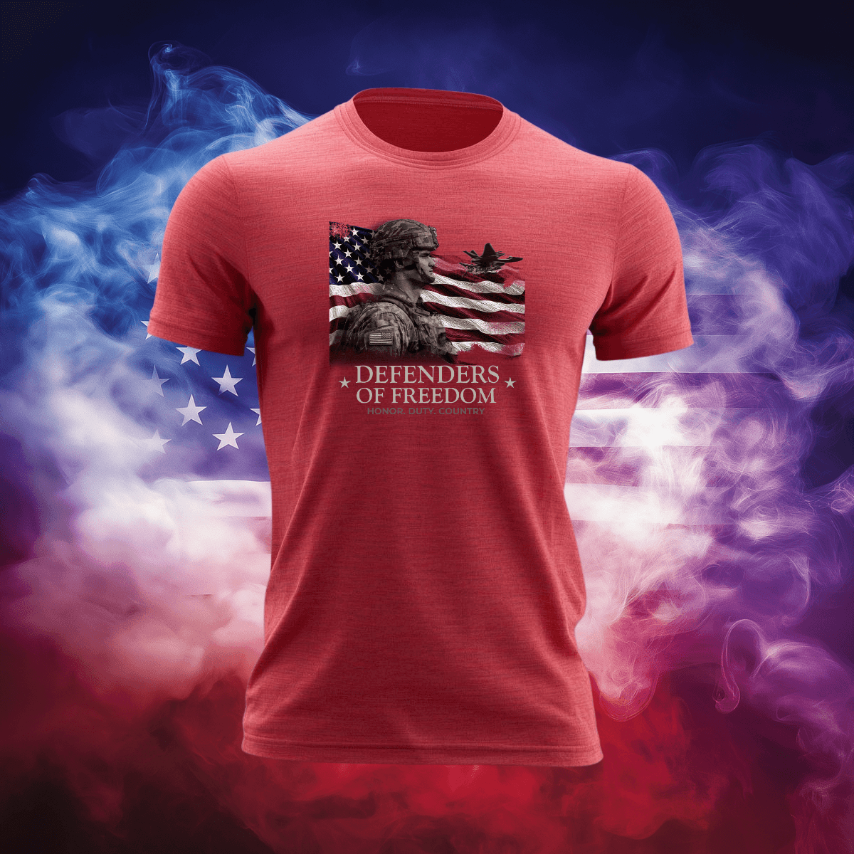 Defenders of Freedom T-Shirt featuring a patriotic design with an American flag background.