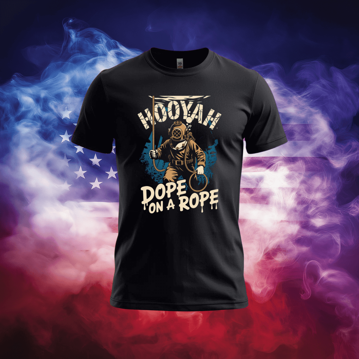 Dope on a Rope T-Shirt featuring a patriotic design with smoke and American flag background.