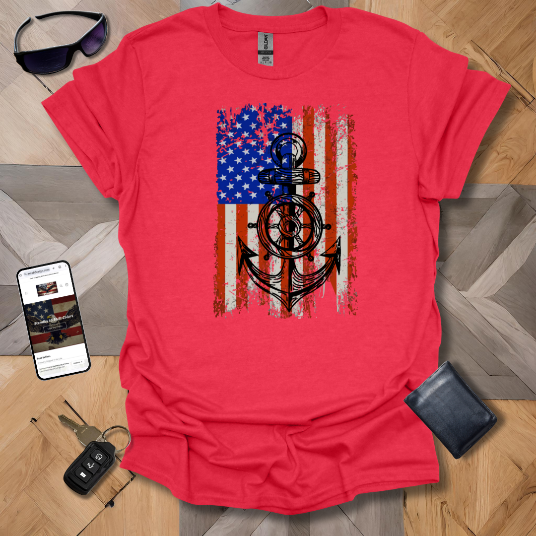 Distressed American Flag with Wooden Anchor